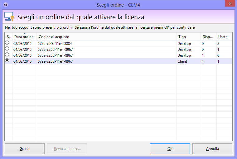 Scelta dell'ordine dal quale attivare una licenza