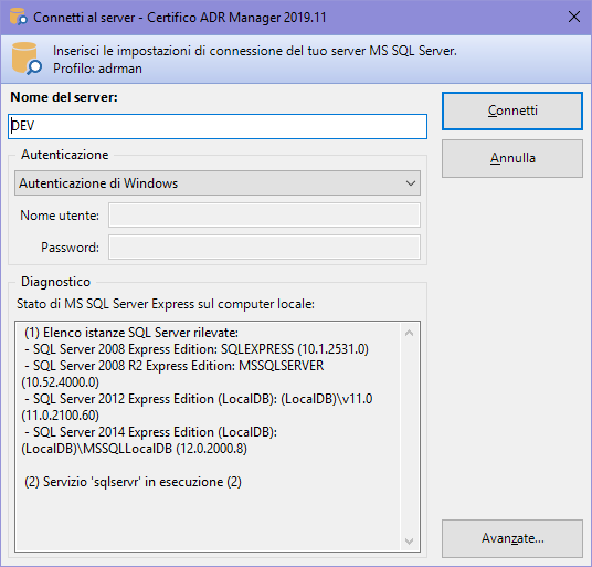Finestra di connessione. Inserisci le impostazioni del tuo server Finestra di connessione. Inserisci le impostazioni del tuo server