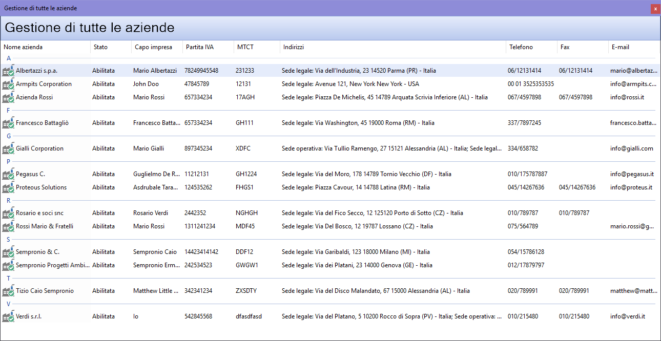 Finestra di gestione di tutte le aziende