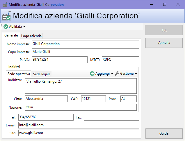 Finestra di proprietà di un'azienda, scheda "Generale"