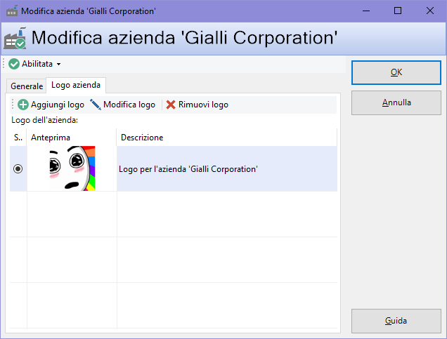 Finestra di proprietà di un'azienda, scheda "Logo azienda"