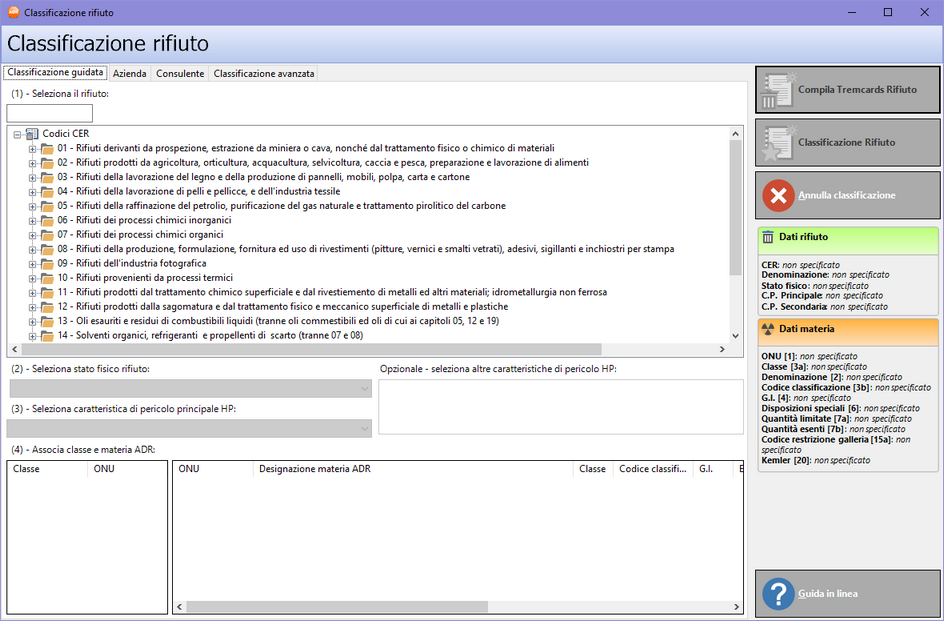 La finestra di classificazione rifiuto, scheda "Classificazione guidata"