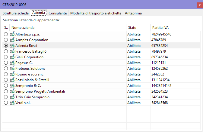 Finestra di documento di una scheda materia, scheda "Azienda"