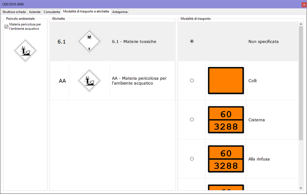 Finestra di documento di una scheda rifiuto, scheda "Modalità di trasporto e etichette" Finestra di documento di una scheda rifiuto, scheda "Modalità di trasporto e etichette"