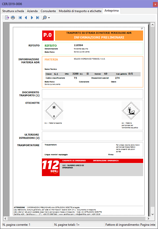 Finestra di documento di una scheda rifiuto, scheda "Anteprima" Finestra di documento di una scheda rifiuto, scheda "Anteprima"