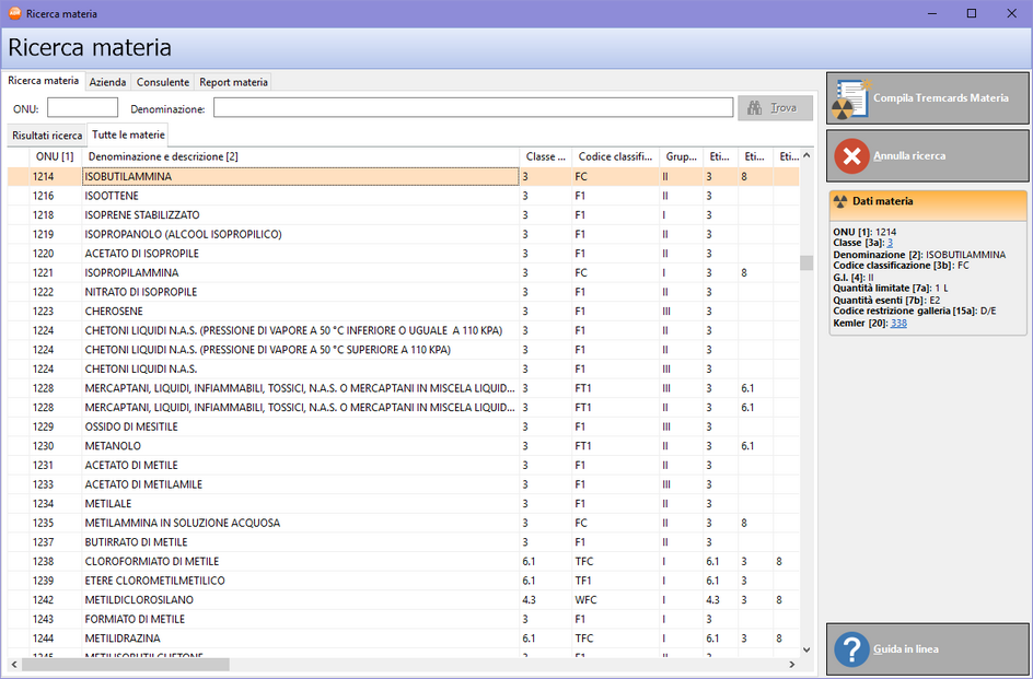 La finestra di ricerca materia, scheda "Ricerca materia"