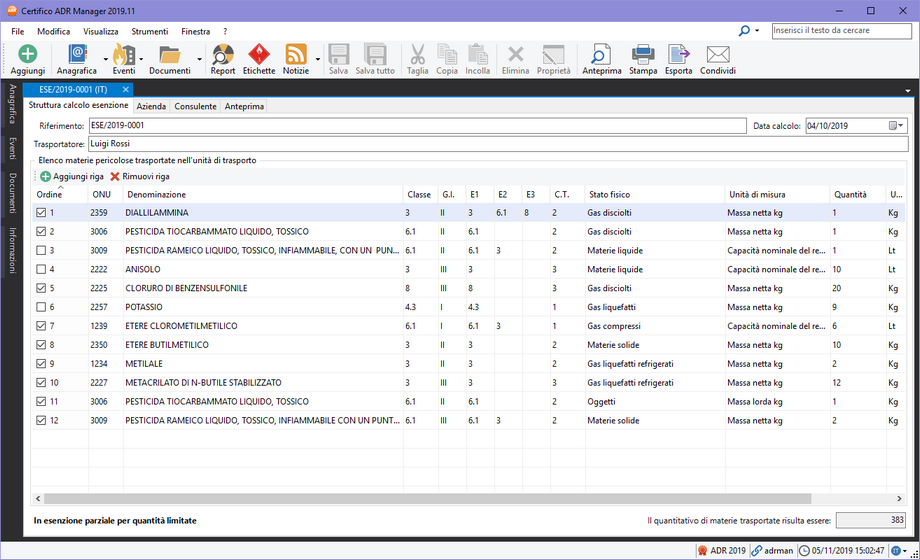 Finestra di documento di un calcolo esenzione, scheda "Struttura"