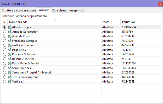 Finestra di documento di un calcolo esenzione, scheda "Azienda"