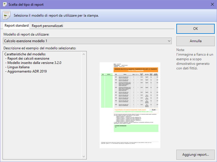 Finestra di scelta tipo report