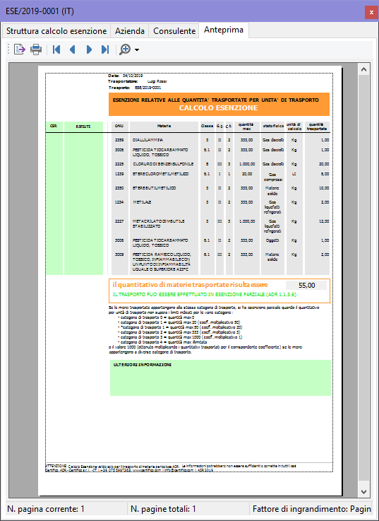 Finestra di documento di un calcolo esenzione, scheda "Anteprima"