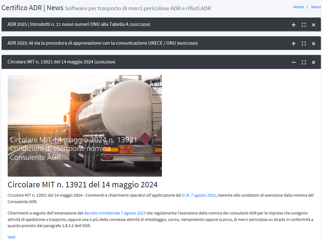 Elenco delle news fornite dal servizio "Certifico ADR | News"