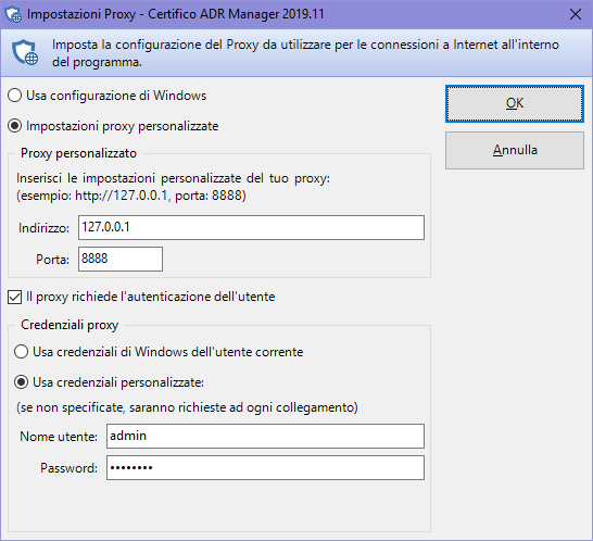 Finestra impostazioni proxy