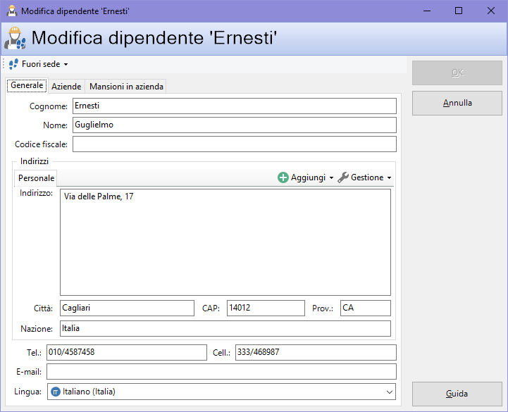 Finestra di proprietà di un dipendente, scheda "Generale"