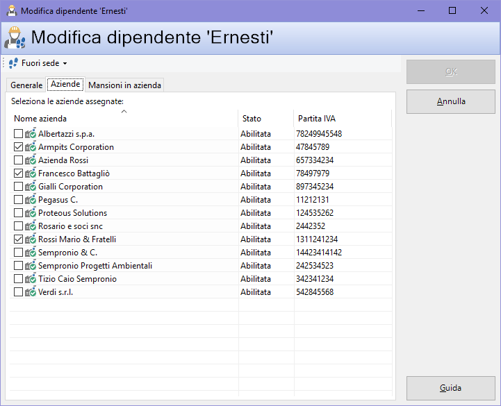 Finestra di proprietà di un dipendente, scheda "Aziende" Finestra di proprietà di un dipendente, scheda "Aziende"