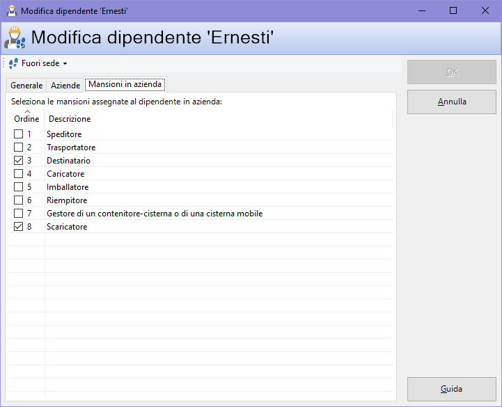 Finestra di proprietà di un dipendente, scheda "Mansioni in azienda" Finestra di proprietà di un dipendente, scheda "Mansioni in azienda"