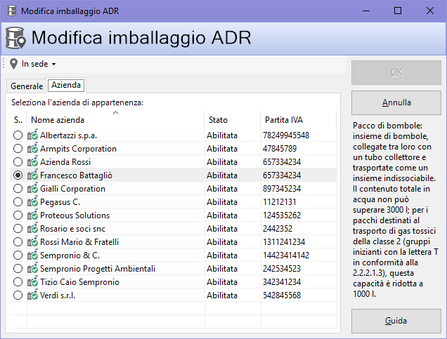 Finestra di proprietà di un imballaggio, scheda "Azienda"