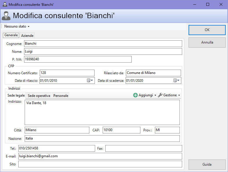 Finestra di proprietà di un consulente, scheda "Generale"