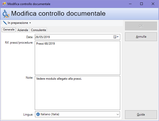 Finestra di proprietà di un controllo documentale, scheda "Generale"