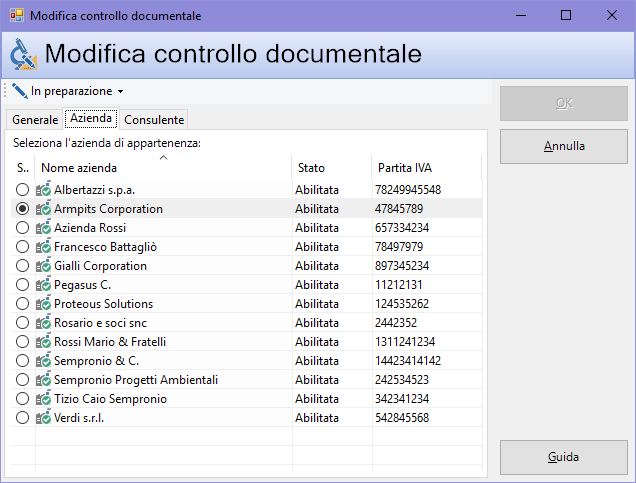 Finestra di proprietà di un controllo documentale, scheda "Azienda"