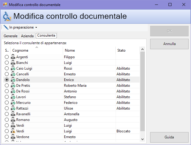 Finestra di proprietà di un controllo documentale, scheda "Consulente"