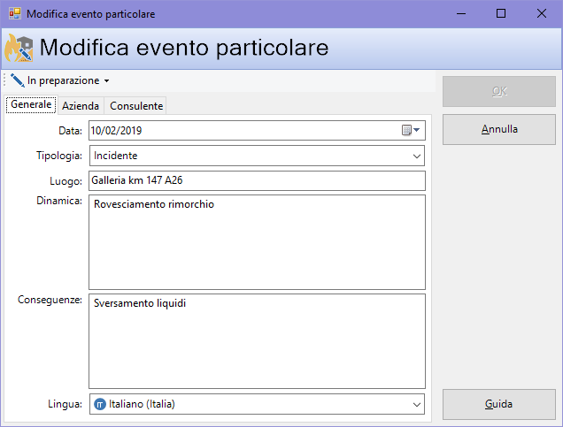Finestra di proprietà di un evento particolare, scheda "Generale"