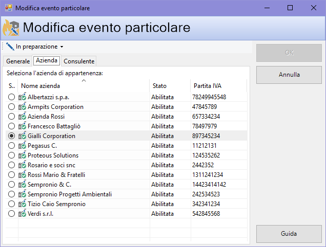 Finestra di proprietà di un evento particolare, scheda "Azienda"