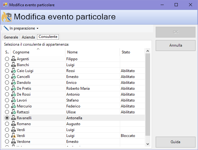 Finestra di proprietà di un evento particolare, scheda "Consulente"