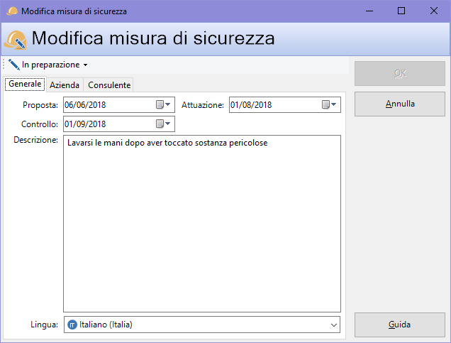 Finestra di proprietà di una misura di sicurezza, scheda "Generale"