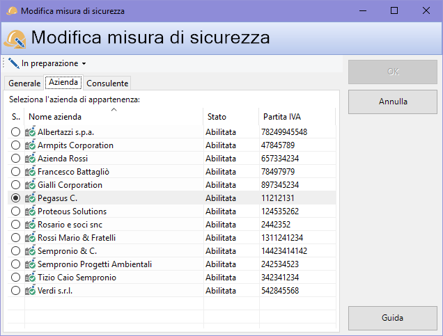 Finestra di proprietà di una misura di sicurezza, scheda "Azienda"