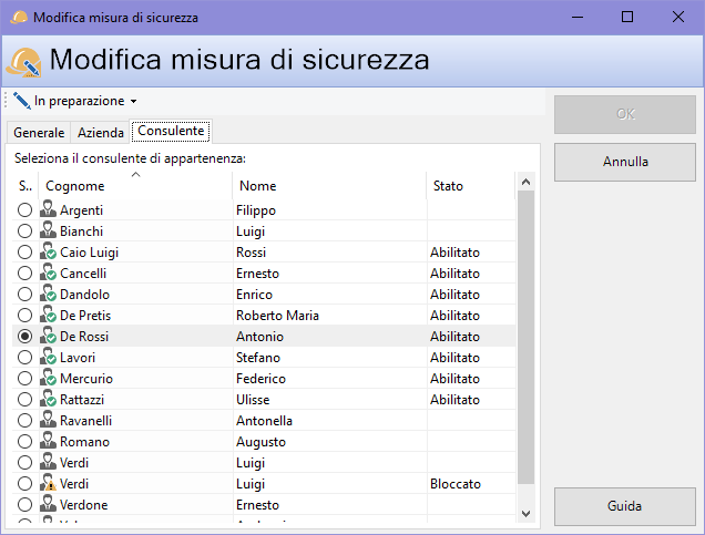 Finestra di proprietà di una misura di sicurezza, scheda "Consulente"