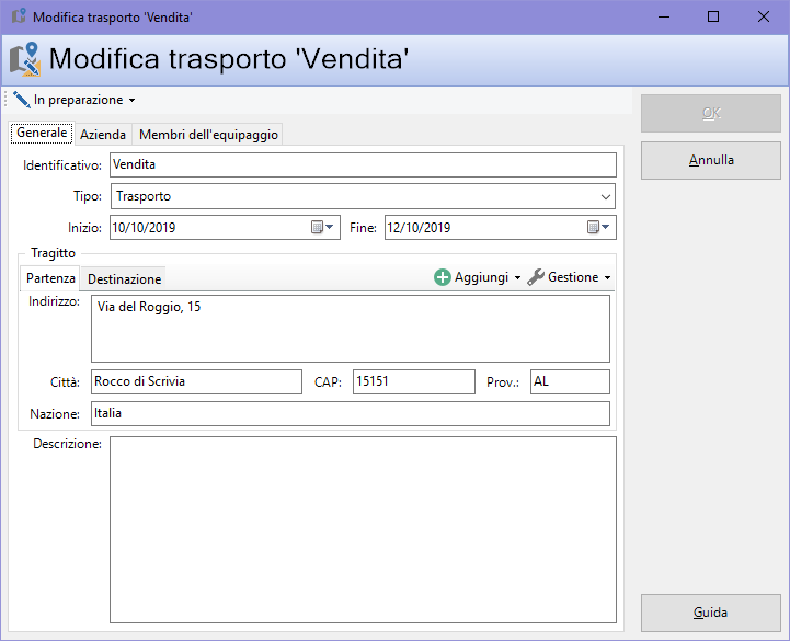 Finestra di proprietà di un trasporto, scheda "Generale"