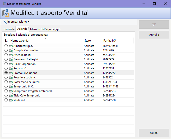 Finestra di proprietà di un trasporto, scheda "Azienda"