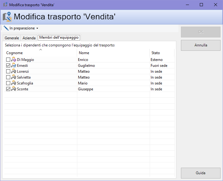 Finestra di proprietà di un trasporto, scheda "Membri dell'equipaggio"