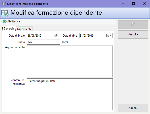 Finestra di proprietà della formazione, scheda "Generale"