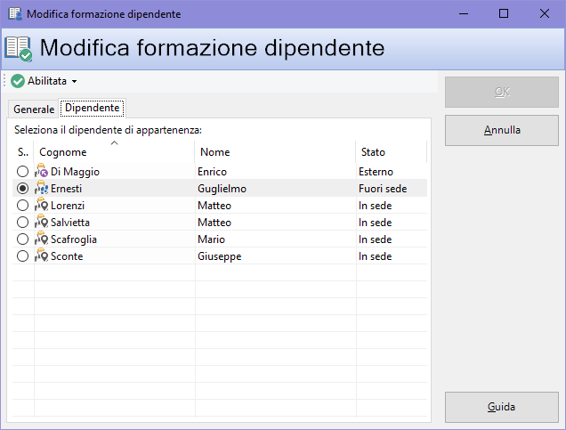 Finestra di proprietà della formazione, scheda "Dipendente"