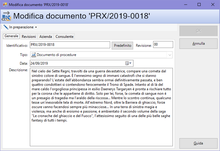 Finestra di proprietà di un documento, scheda "Generale" Finestra di proprietà di un documento, scheda "Generale"