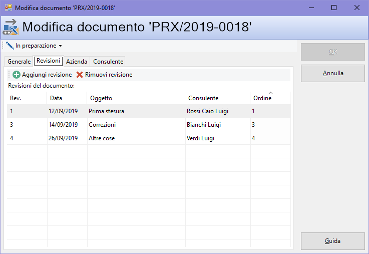 Finestra di proprietà di un documento, scheda "Revisioni"