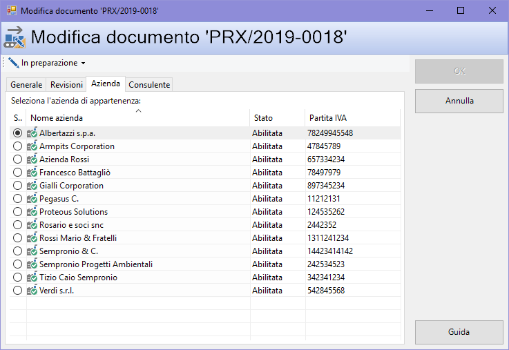 Finestra di proprietà di un documento, scheda "Azienda"
