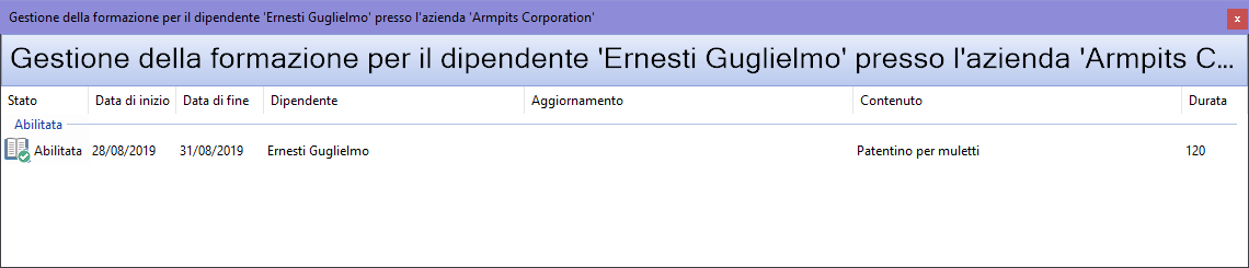Finestra di gestione della formazione di un dipendente selezionato dall'albero