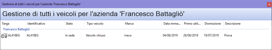 Finestra di gestione di tutti i veicoli di un'azienda selezionata nell'albero Finestra di gestione di tutti i veicoli di un'azienda selezionata nell'albero