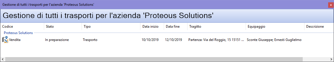 Finestra di gestione di tutti i trasporti di un'azienda Finestra di gestione di tutti i trasporti di un'azienda