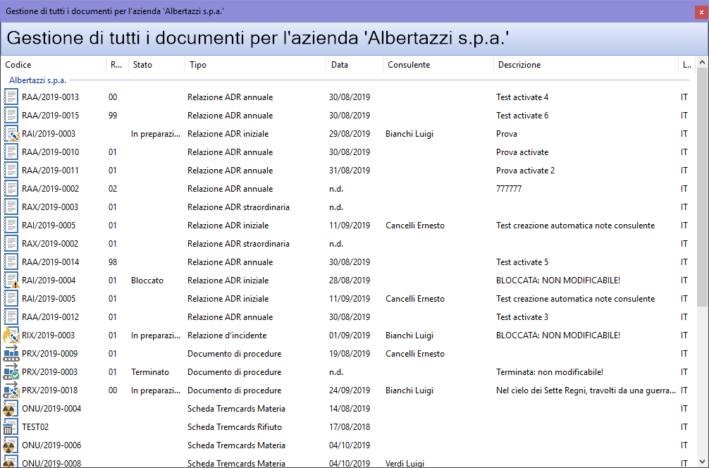 Finestra di gestione di tutti i documenti di un'azienda