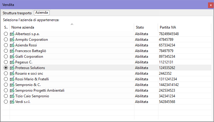 Finestra di documento di un trasporto, scheda "Azienda"