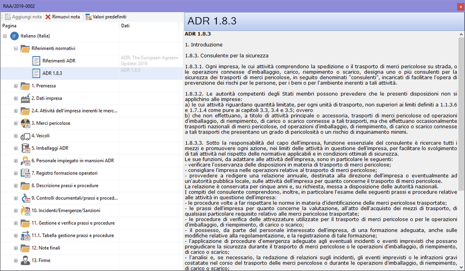 Finestra di documento di una Relazione ADR