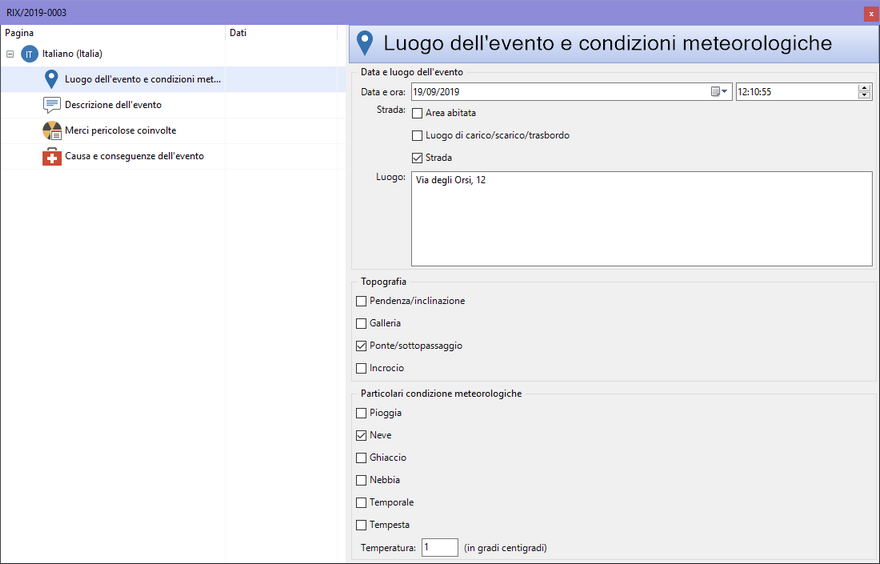 Finestra di documento di una Relazione incidente