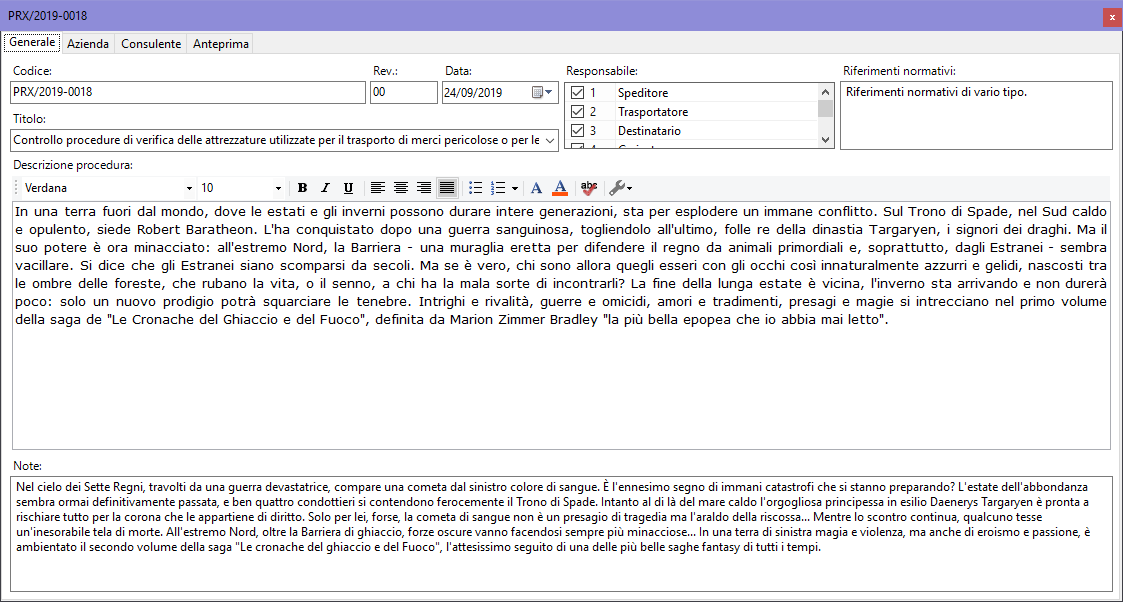 Finestra di documento della procedura, scheda "Generale"