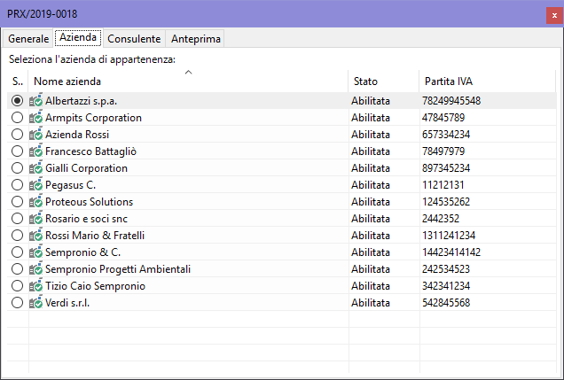 Finestra di documento della procedura, scheda "Azienda"