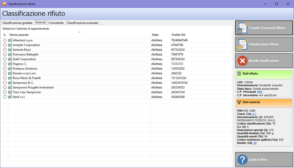 La finestra di classificazione rifiuto, scheda "Azienda"