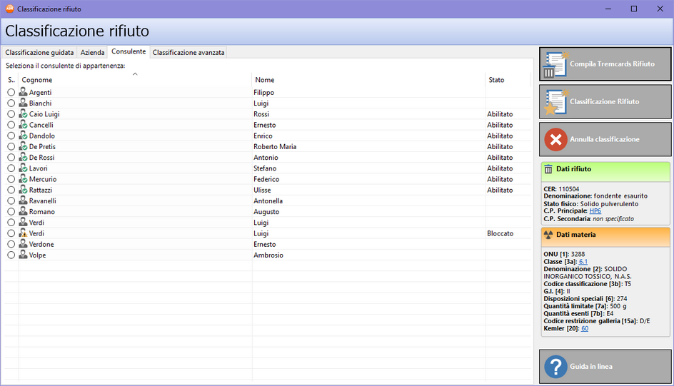 La finestra di classificazione rifiuto, scheda "Consulente"