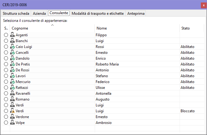 Finestra di documento di una scheda rifiuto, scheda "Consulente"